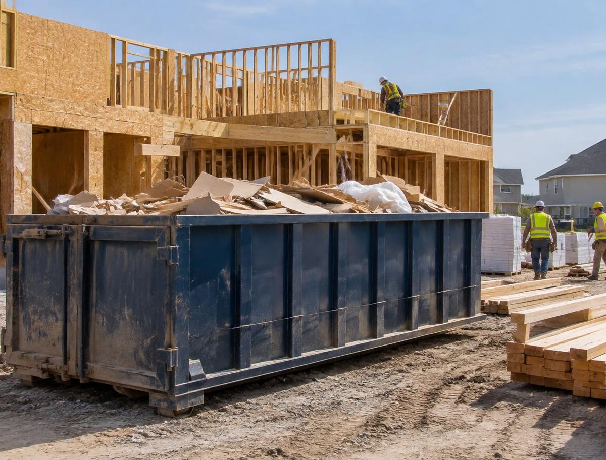 Roll-off dumpster filled with construction debris at a jobsite