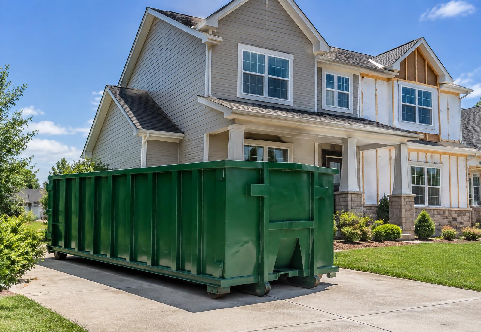 Orange roll-off dumpster placed on a residential driveway ready for a cleanout project