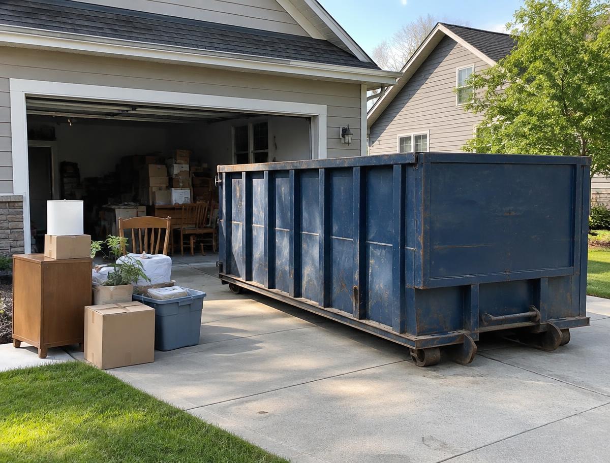 Roll-off dumpster on a residential driveway during a home cleanout