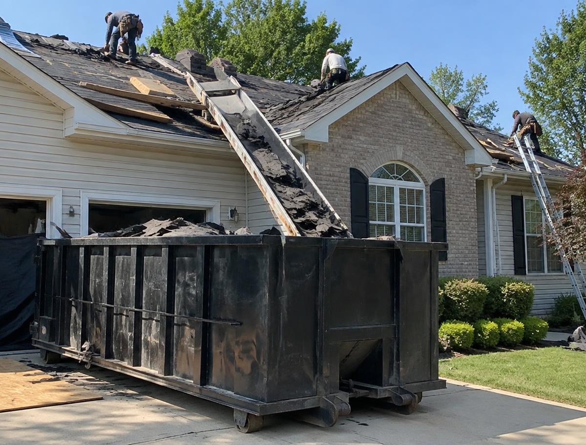 Roll-off dumpster beside a house during a roof replacement